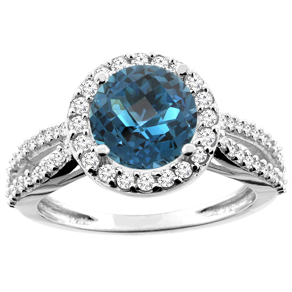 10K White/Yellow/Rose Gold Natural London Blue Topaz Ring Round 8mm Diamond Accent, sizes 5 - 10