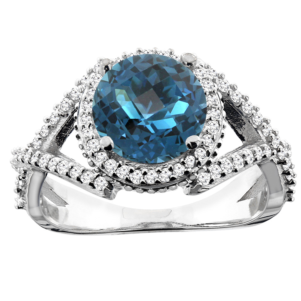 10K White/Yellow/Rose Gold Natural London Blue Topaz Ring Round 8mm Diamond Accent, sizes 5 - 10