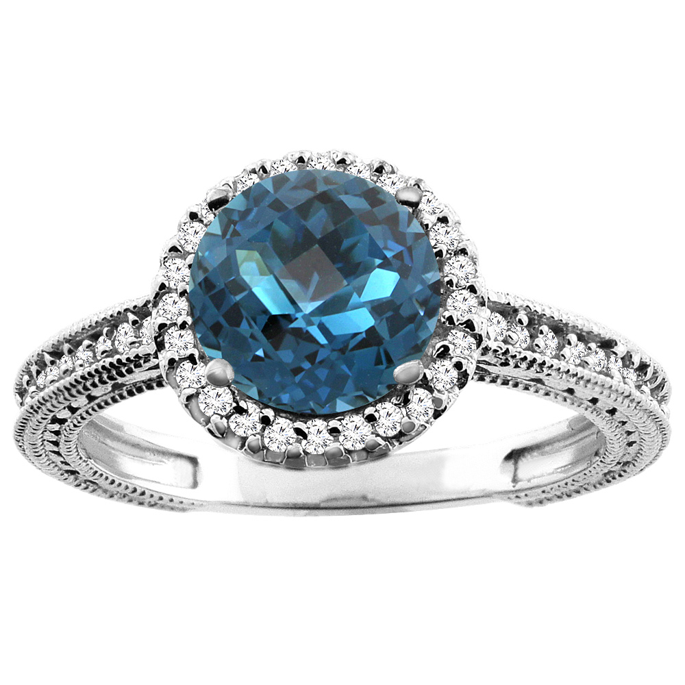 14K White/Yellow/Rose Gold Natural London Blue Topaz Ring Round 7mm Diamond Accent, sizes 5 - 10