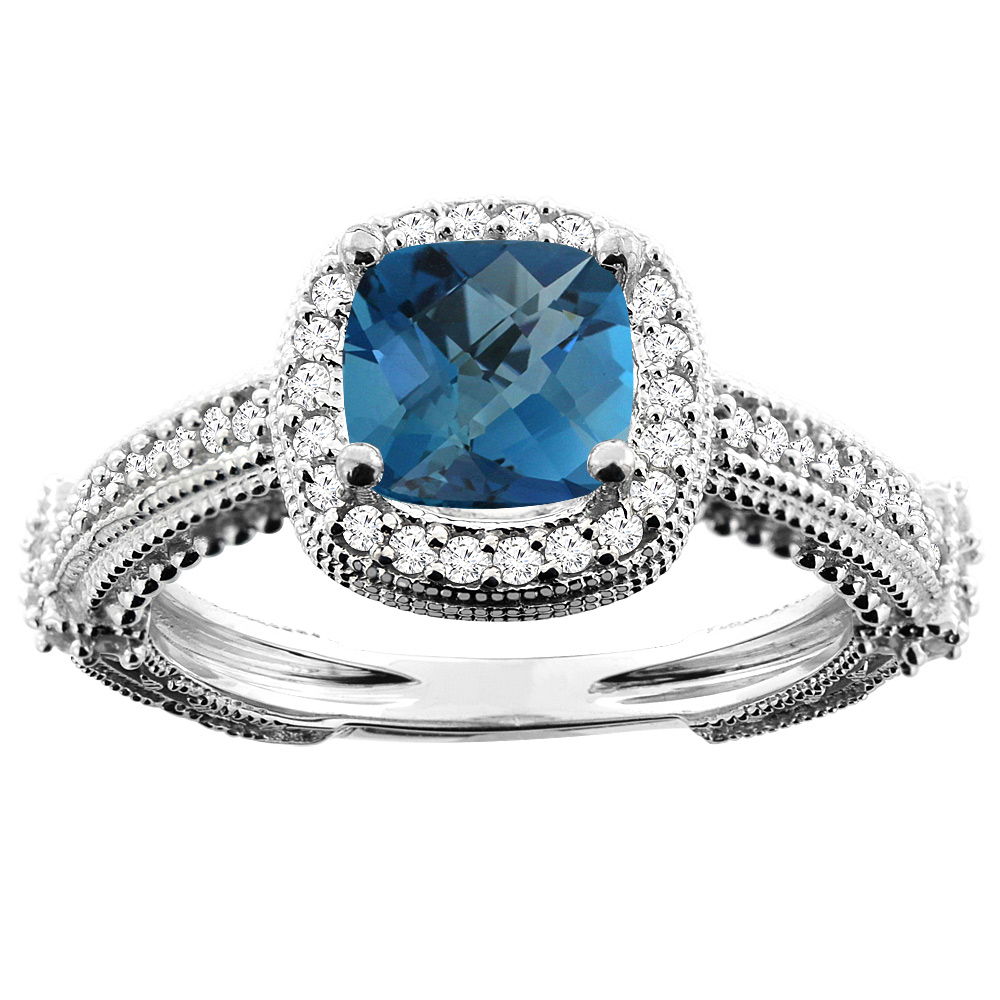 14K White/Yellow/Rose Gold Natural London Blue Topaz Ring Cushion 7x7mm Diamond Accent, sizes 5 - 10