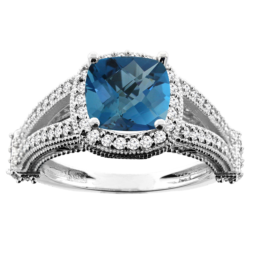 14K White/Yellow/Rose Gold Natural London Blue Topaz Split Shank Ring Cushion 7x7mm Diamond Accent, sizes 5 - 10