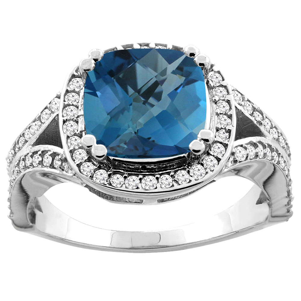 10K White/Yellow Gold Natural London Blue Topaz Split Ring Cushion 8x8mm Diamond Accent, sizes 5 - 10