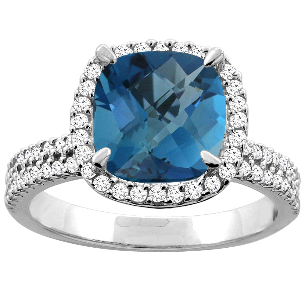 14K White/Yellow Gold Natural London Blue Topaz Halo Ring Cushion 9x9mm Diamond Accent, sizes 5 - 10