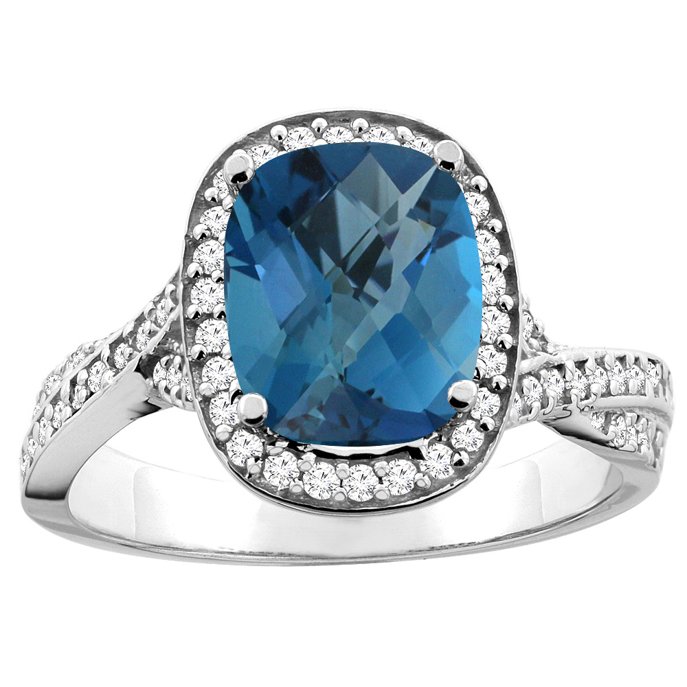 14K Yellow Gold Natural London Blue Topaz Halo Ring Cushion 9x7mm Diamond Accent 1/2 inch wide, sizes 5 - 10