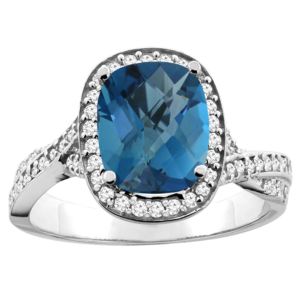 14K White/Yellow Gold Natural London Blue Topaz Halo Ring Cushion 9x7mm Diamond Accent, sizes 5 - 10