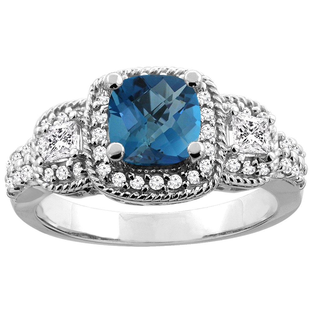 10K White/Yellow Gold Natural London Blue Topaz Ring Cushion 6x6 mm Diamond Accent, sizes 5 - 10