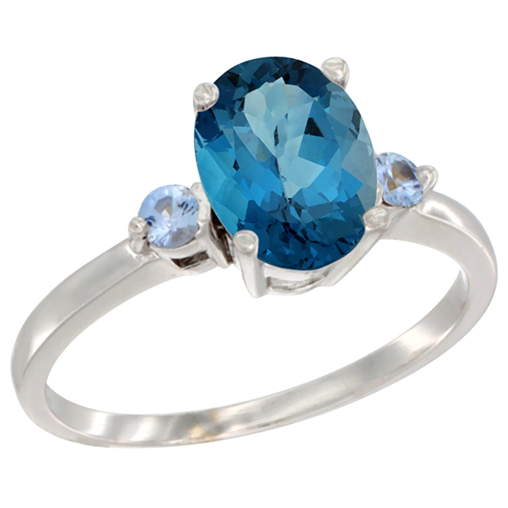 14K White Gold Natural London Blue Topaz Ring Oval 9x7 mm Light Blue Sapphire Accent, sizes 5 to 10