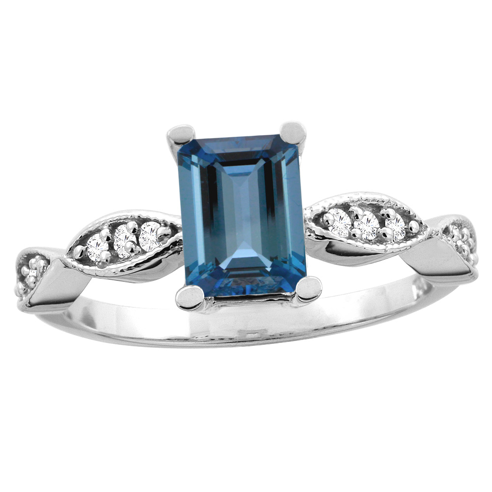 14K White/Yellow Gold Natural London Blue Topaz Ring Octagon 8x6mm Diamond Accent, sizes 5 - 10