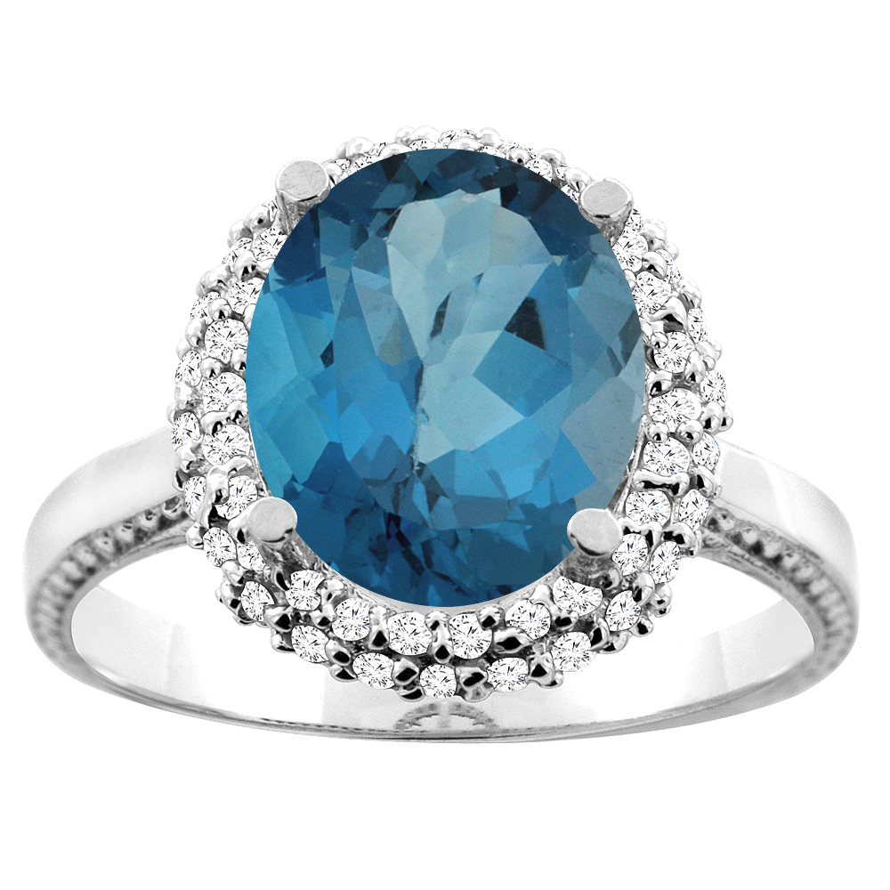 14K White/Yellow Gold Natural London Blue Topaz Double Halo Ring Oval 10x8mm Diamond Accent, sizes 5 - 10
