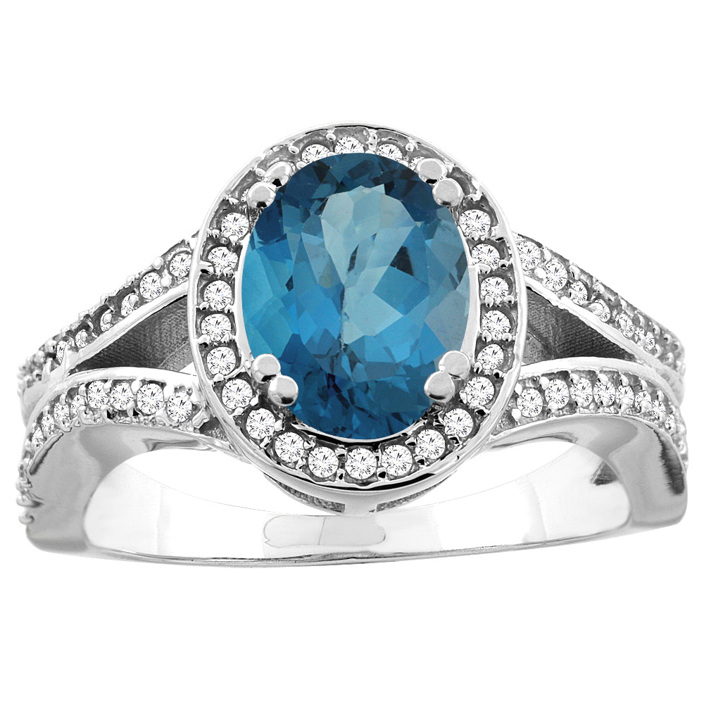 10K White/Yellow Gold Natural London Blue Topaz Split Ring Oval 8x6mm Diamond Accent, sizes 5 - 10