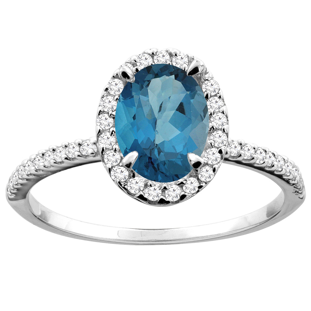 14K White/Yellow Gold Natural London Blue Topaz Ring Oval 8x6mm Diamond Accent, sizes 5 - 10