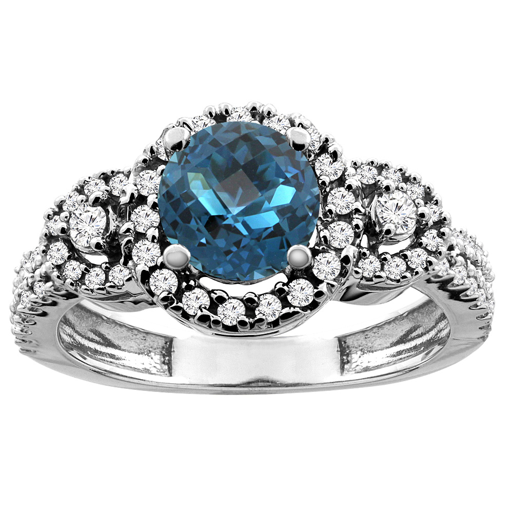 14K White/Yellow Gold Diamond Halo Natural London Blue Topaz Ring Round 6mm, sizes 5 - 10