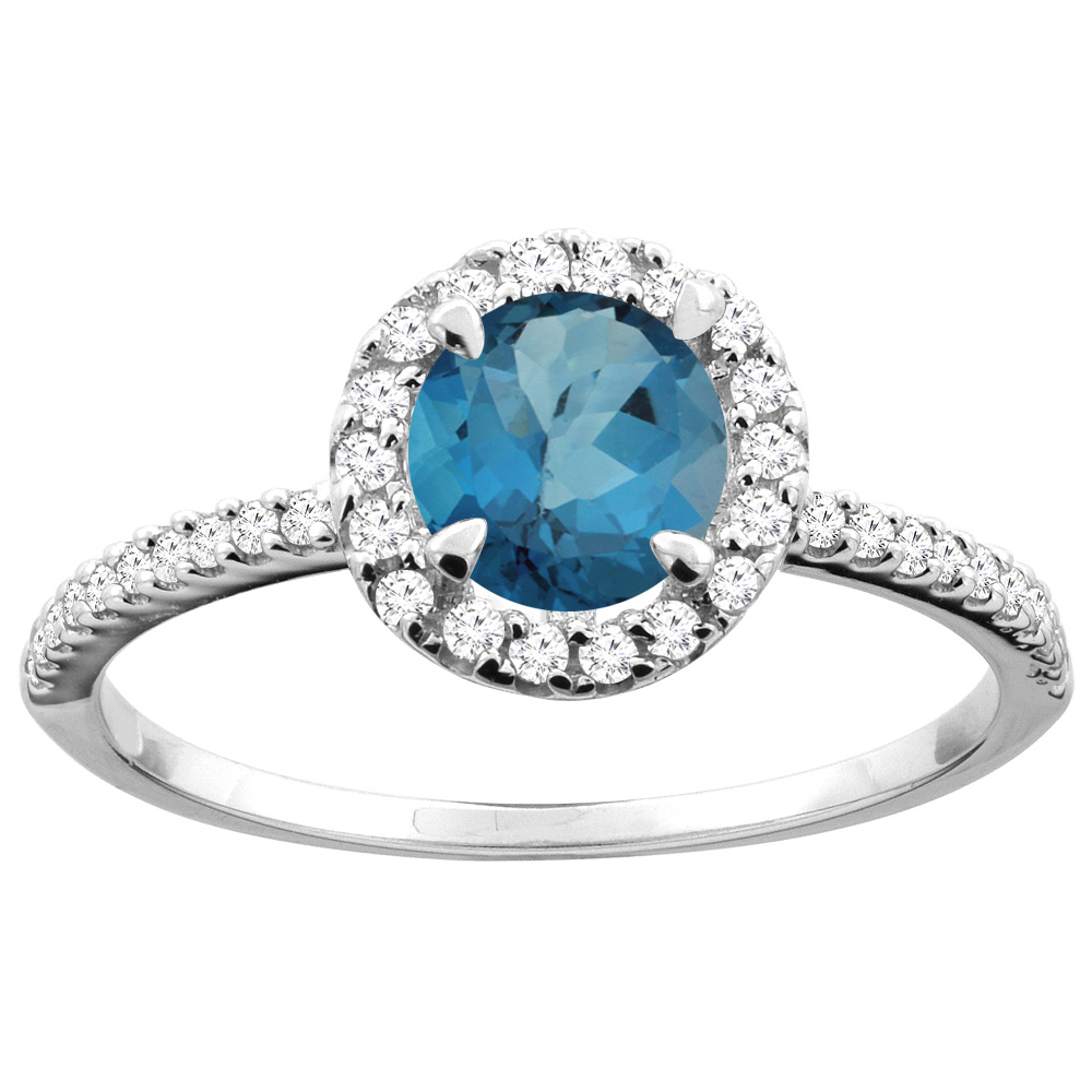 14K Gold Natural London Blue Topaz Ring Round 6mm Diamond Accents, sizes 5 - 10