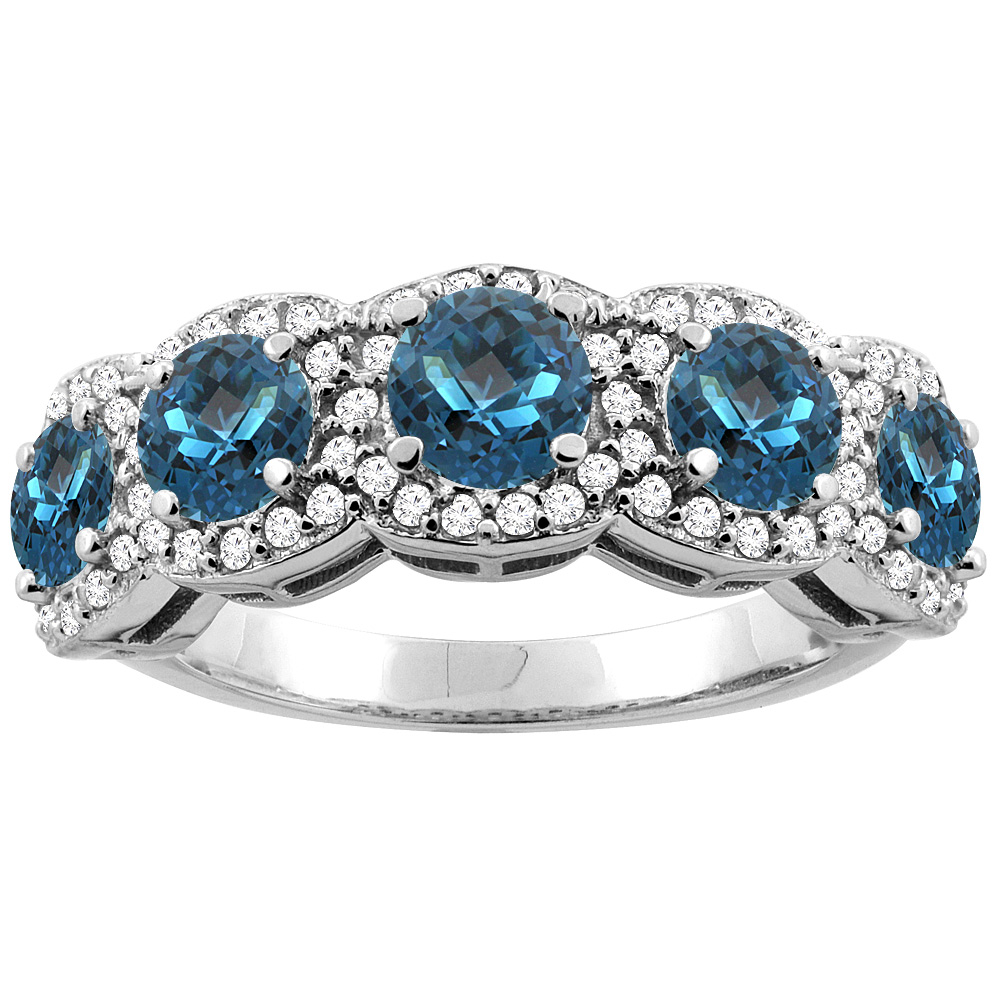 14K Gold Natural London Blue Topaz 5-Stone Ring Round 4mm, sizes 5 - 10