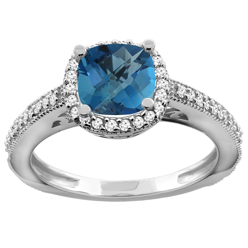 10K Yellow Gold Natural London Blue Topaz Engagement Ring Diamond Halo Cushion 7mm, sizes 5 - 10