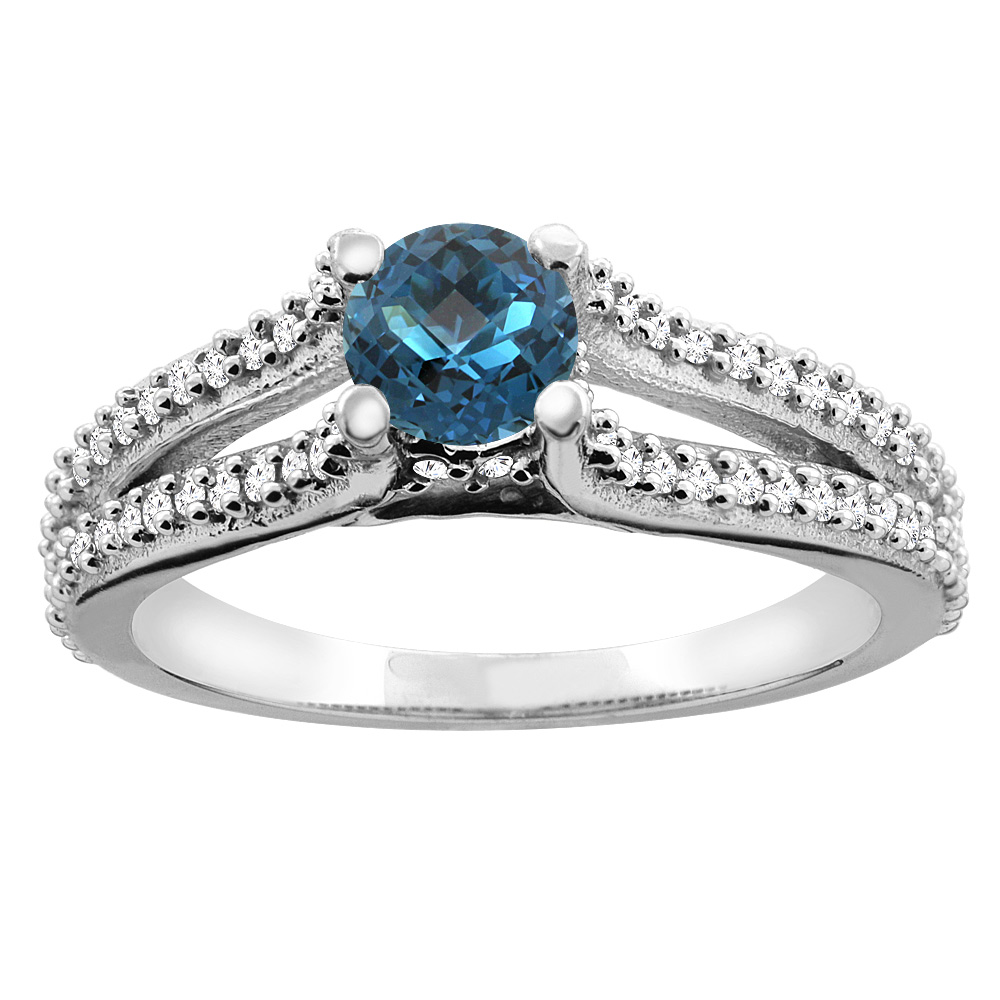 14K White Gold Natural London Blue Topaz Engagement Split Shank Ring Round 5mm Diamond Accents, sizes 5 - 10