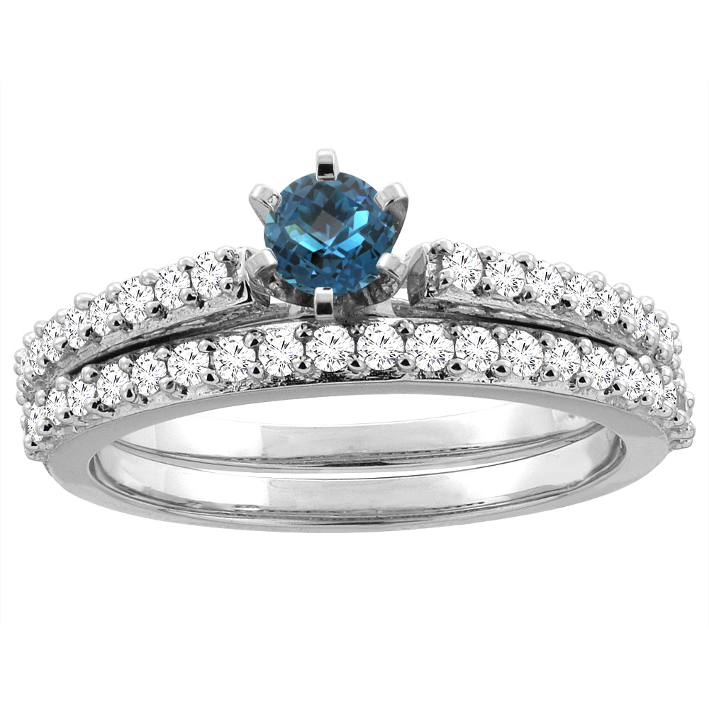 10K White Gold Natural London Blue Topaz 2-piece Bridal Ring Set Round 4mm, sizes 5 - 10