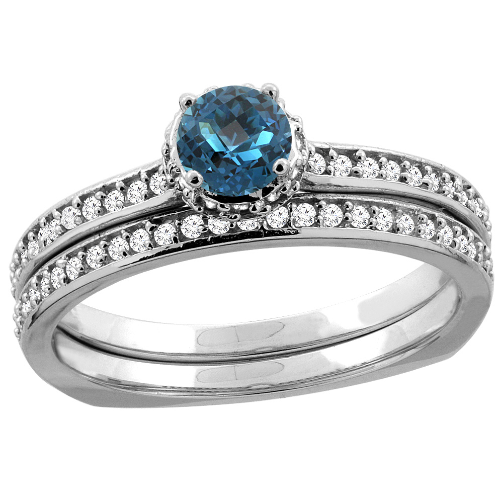 14K Yellow Gold Diamond Natural London Blue Topaz 2-pc Bridal Ring Set Round 4mm, sizes 5 - 10