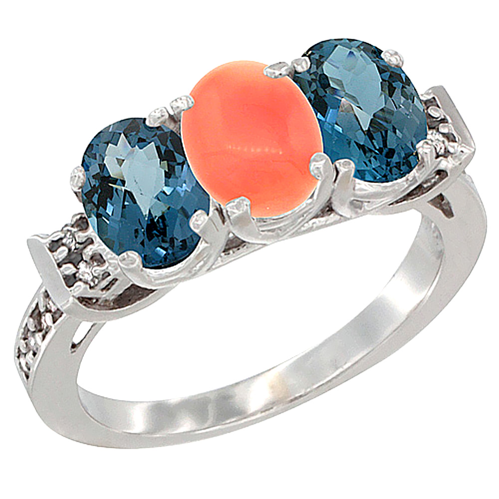 14K White Gold Natural Coral & London Blue Topaz Sides Ring 3-Stone 7x5 mm Oval Diamond Accent, sizes 5 - 10