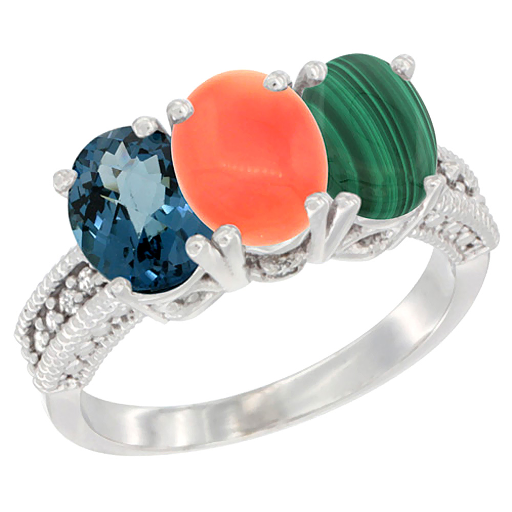 14K White Gold Natural London Blue Topaz, Coral & Malachite Ring 3-Stone 7x5 mm Oval Diamond Accent, sizes 5 - 10