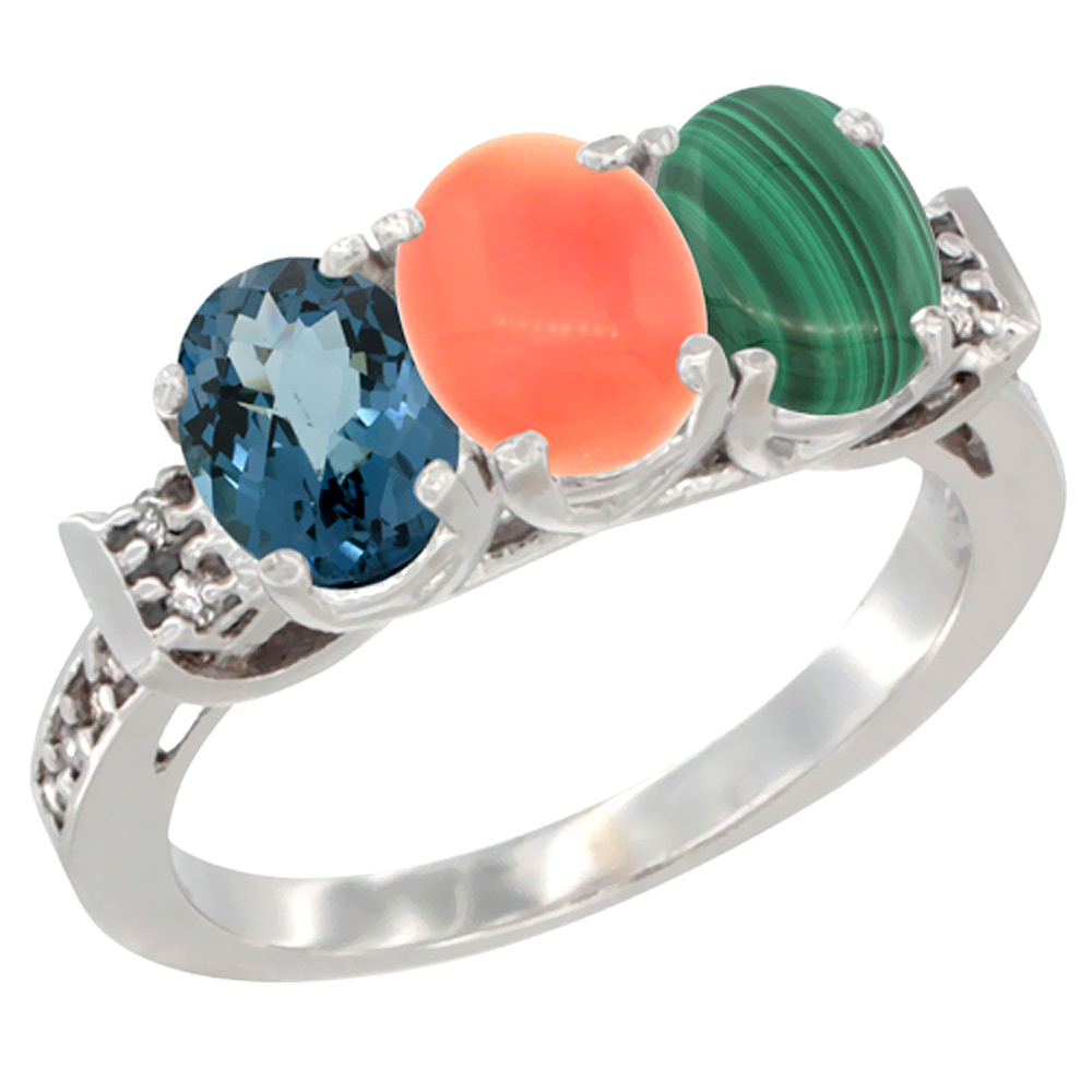 14K White Gold Natural London Blue Topaz, Coral &amp; Malachite Ring 3-Stone 7x5 mm Oval Diamond Accent, sizes 5 - 10