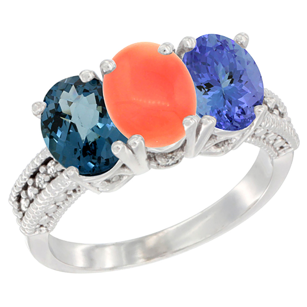 10K White Gold Natural London Blue Topaz, Coral & Tanzanite Ring 3-Stone Oval 7x5 mm Diamond Accent, sizes 5 - 10