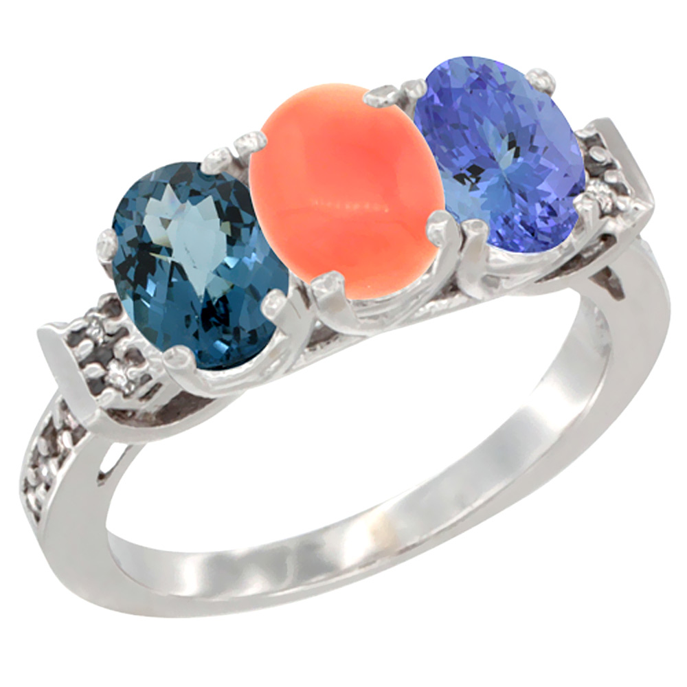 10K White Gold Natural London Blue Topaz, Coral &amp; Tanzanite Ring 3-Stone Oval 7x5 mm Diamond Accent, sizes 5 - 10