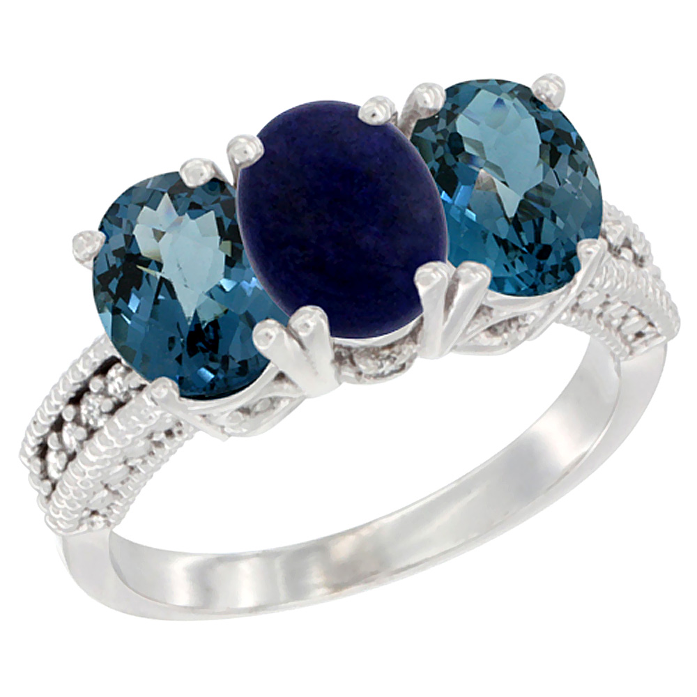 10K White Gold Natural Lapis &amp; London Blue Topaz Sides Ring 3-Stone Oval 7x5 mm Diamond Accent, sizes 5 - 10