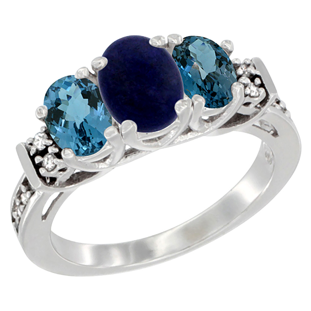 14K White Gold Natural Lapis & London Blue Ring 3-Stone Oval Diamond Accent, sizes 5-10