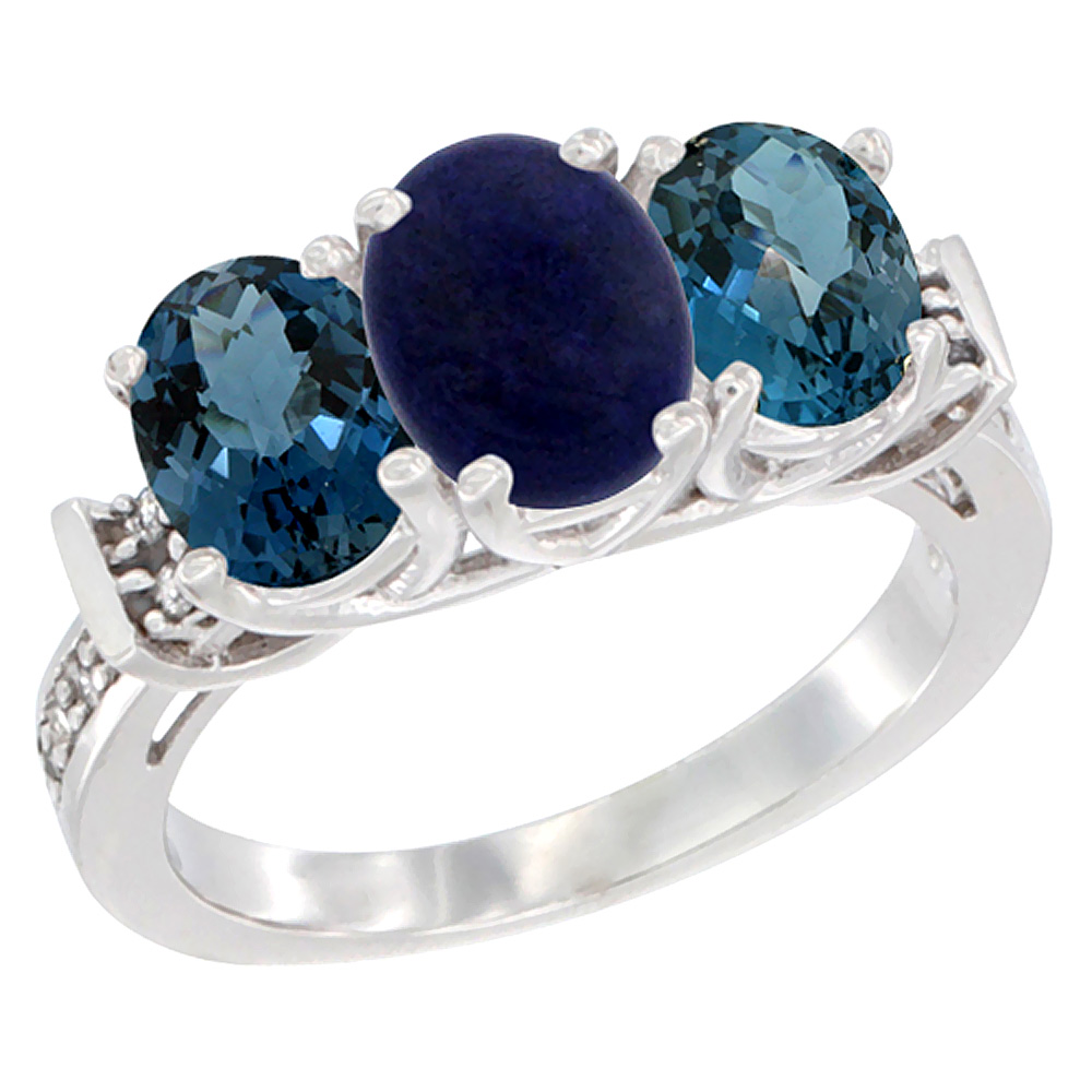 14K White Gold Natural Lapis & London Blue Topaz Sides Ring 3-Stone Oval Diamond Accent, sizes 5 - 10