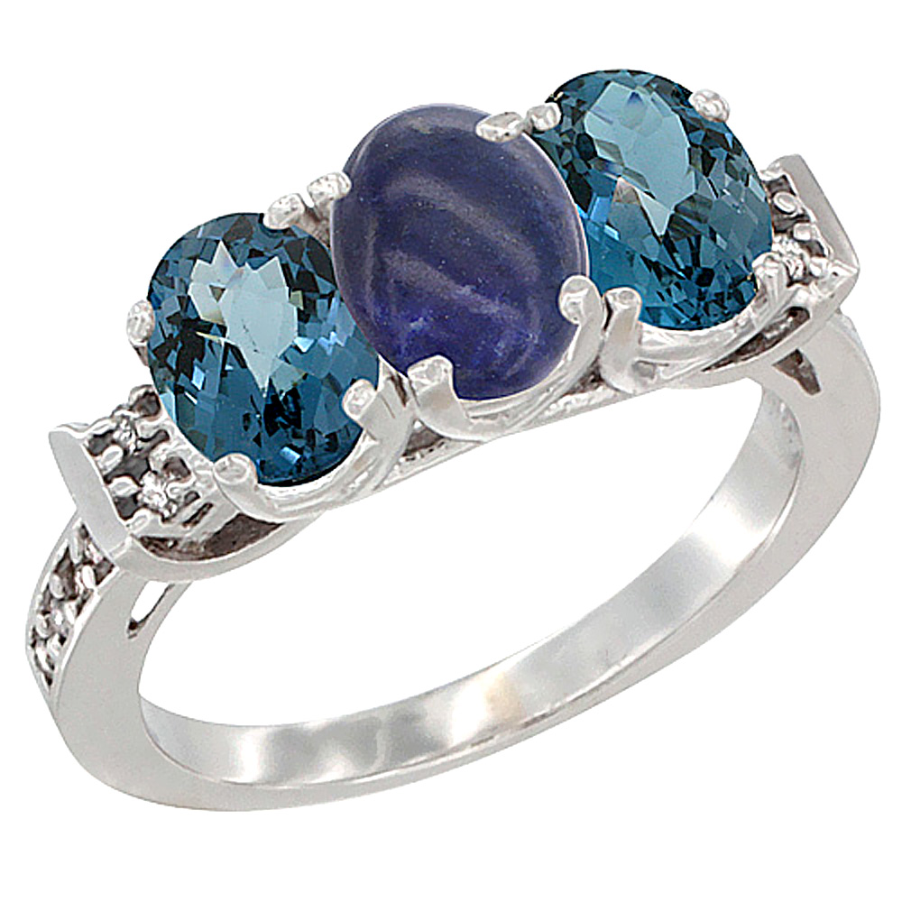 14K White Gold Natural Lapis & London Blue Topaz Sides Ring 3-Stone 7x5 mm Oval Diamond Accent, sizes 5 - 10