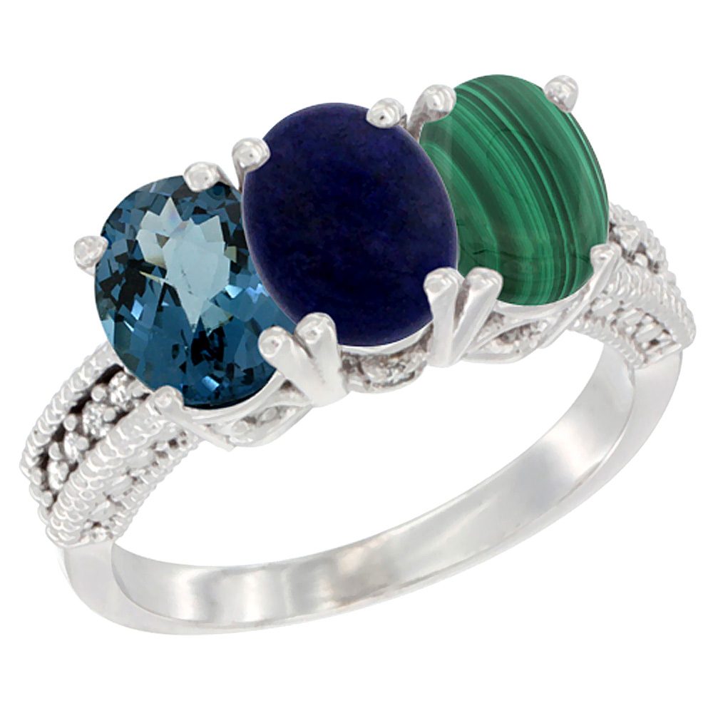 10K White Gold Natural London Blue Topaz, Lapis &amp; Malachite Ring 3-Stone Oval 7x5 mm Diamond Accent, sizes 5 - 10