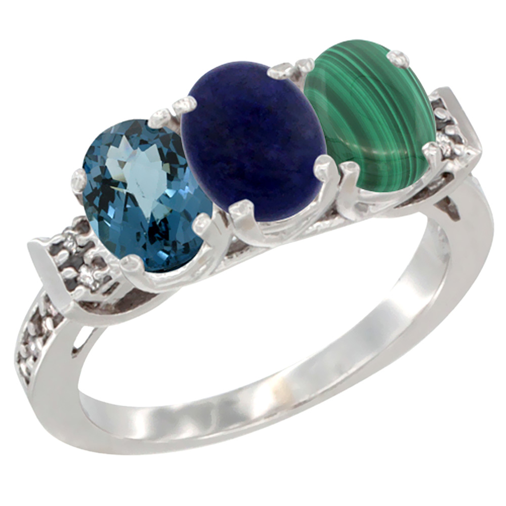 14K White Gold Natural London Blue Topaz, Lapis &amp; Malachite Ring 3-Stone 7x5 mm Oval Diamond Accent, sizes 5 - 10