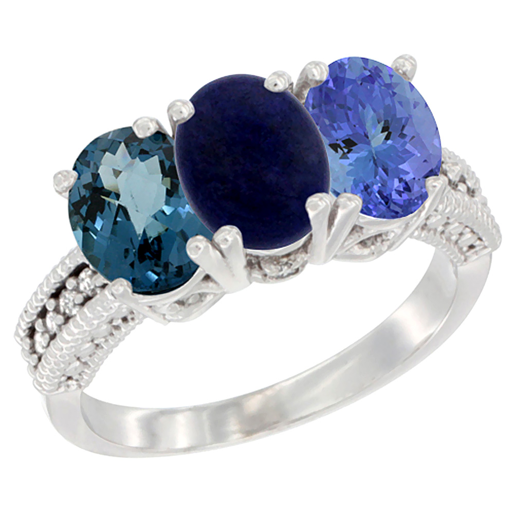 14K White Gold Natural London Blue Topaz, Lapis &amp; Tanzanite Ring 3-Stone 7x5 mm Oval Diamond Accent, sizes 5 - 10