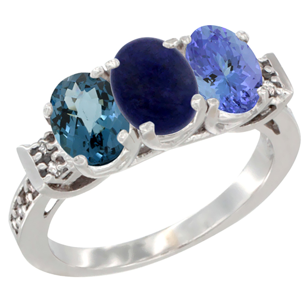 14K White Gold Natural London Blue Topaz, Lapis & Tanzanite Ring 3-Stone 7x5 mm Oval Diamond Accent, sizes 5 - 10