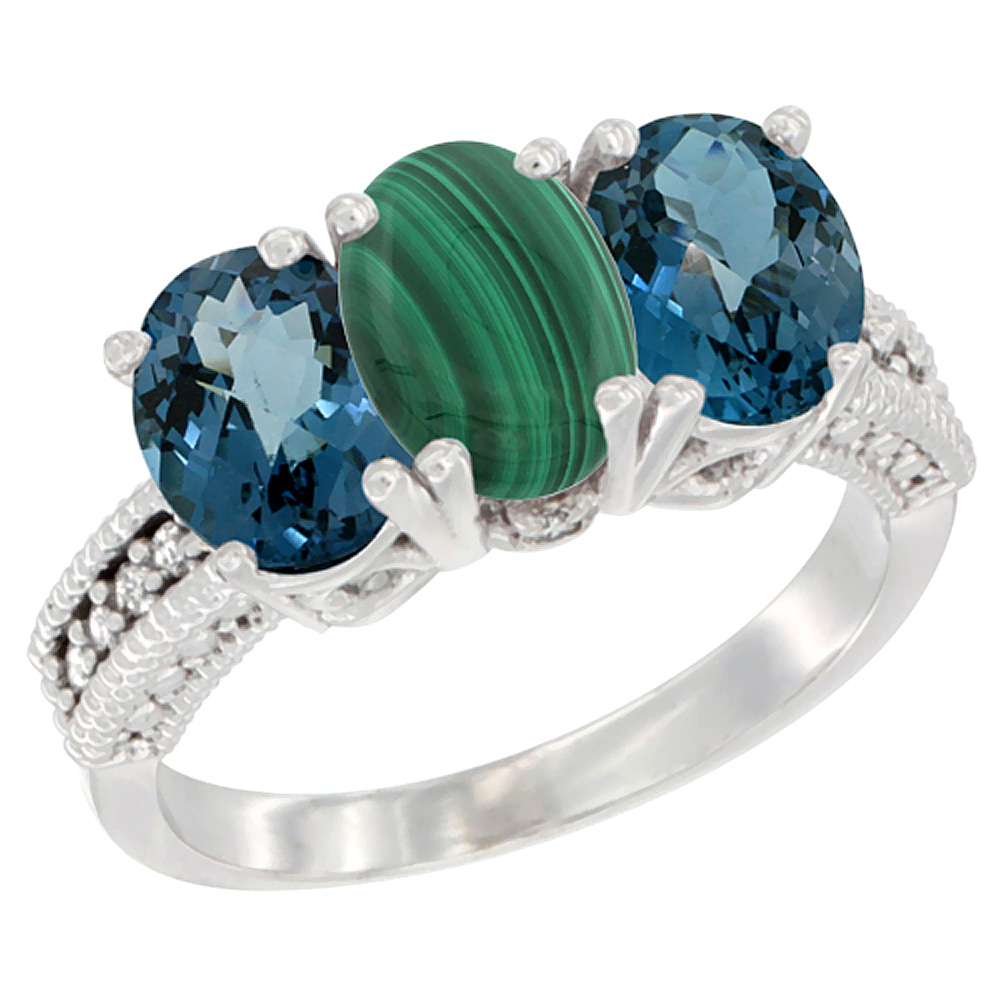 10K White Gold Natural Malachite &amp; London Blue Topaz Sides Ring 3-Stone Oval 7x5 mm Diamond Accent, sizes 5 - 10