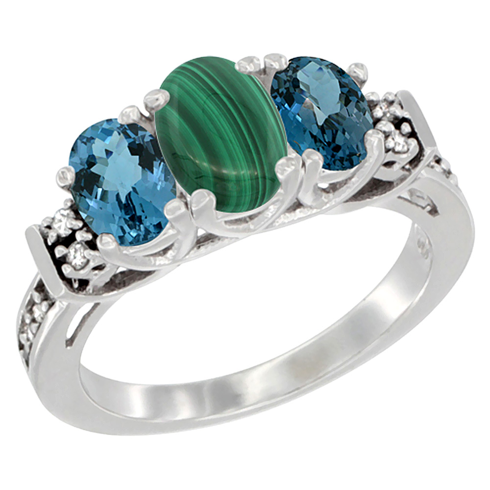 14K White Gold Natural Malachite & London Blue Ring 3-Stone Oval Diamond Accent, sizes 5-10