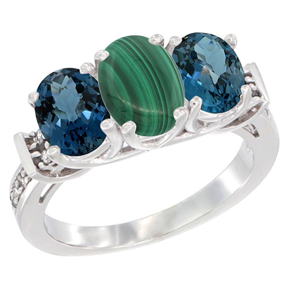 10K White Gold Natural Malachite &amp; London Blue Topaz Sides Ring 3-Stone Oval Diamond Accent, sizes 5 - 10