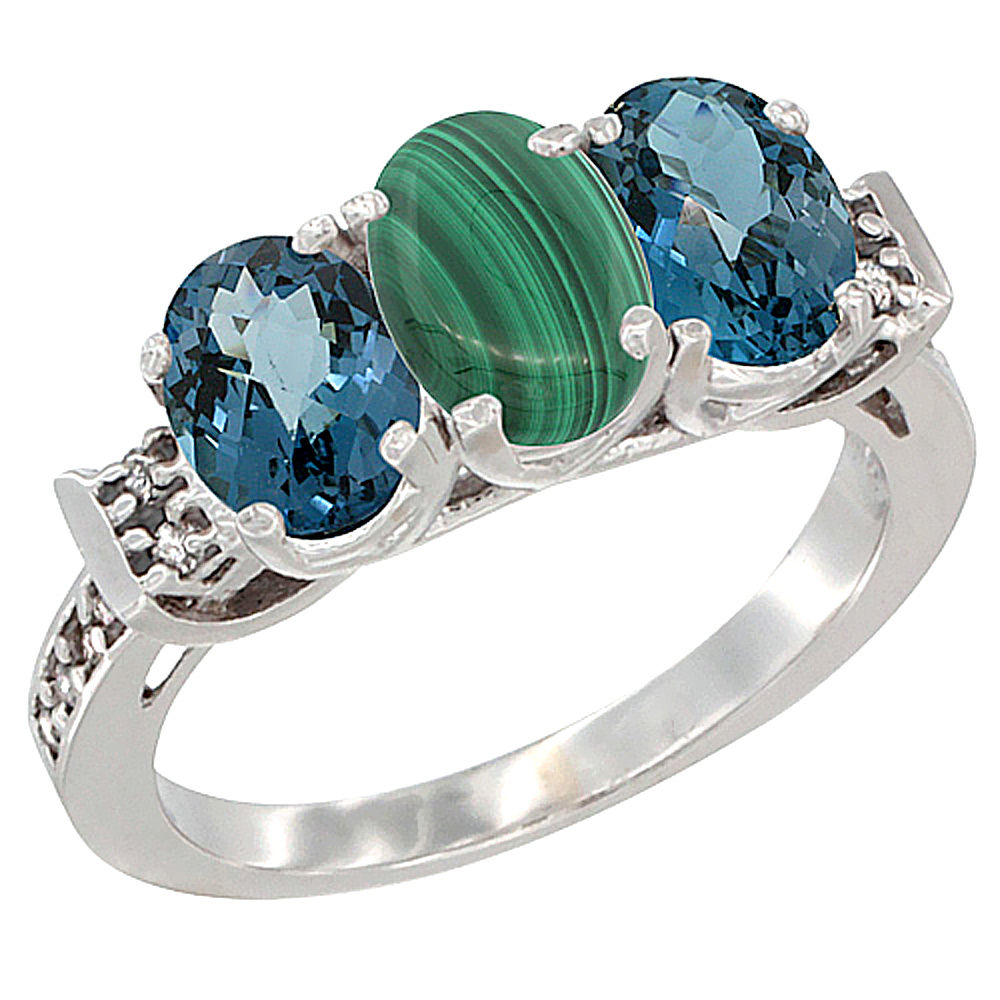 14K White Gold Natural Malachite & London Blue Topaz Sides Ring 3-Stone 7x5 mm Oval Diamond Accent, sizes 5 - 10