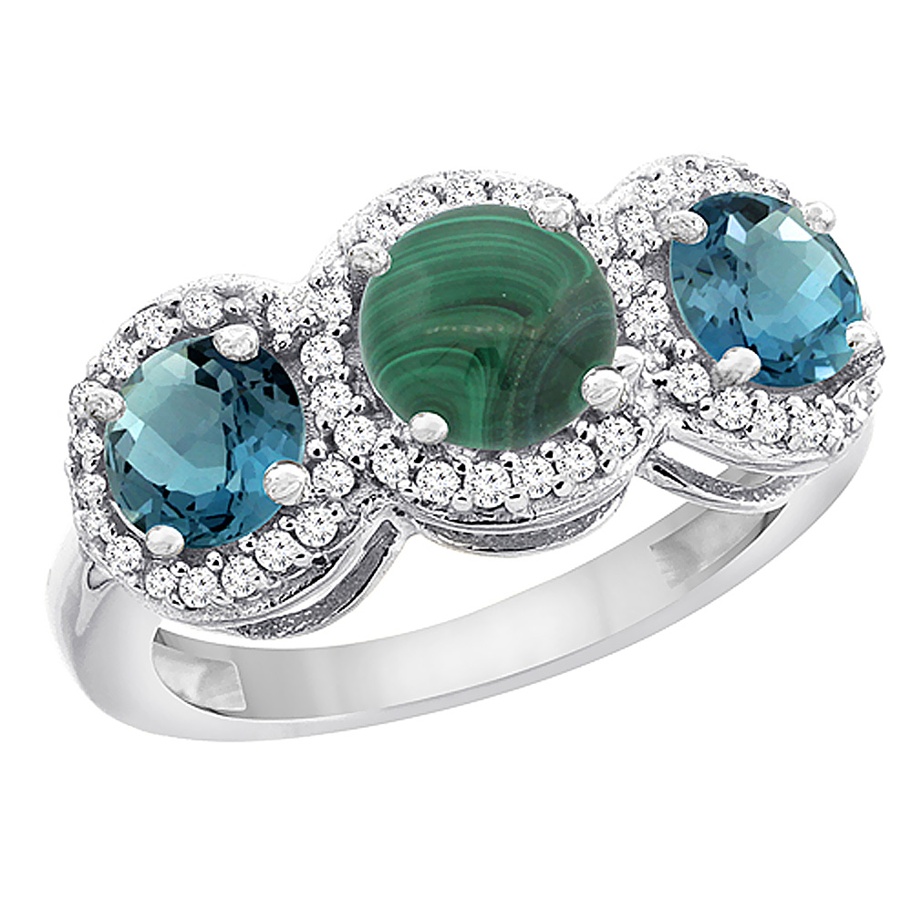 10K White Gold Natural Malachite &amp; London Blue Topaz Sides Round 3-stone Ring Diamond Accents, sizes 5 - 10