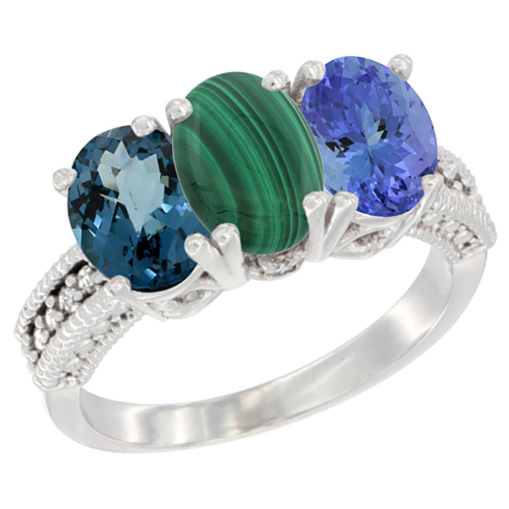 10K White Gold Natural London Blue Topaz, Malachite &amp; Tanzanite Ring 3-Stone Oval 7x5 mm Diamond Accent, sizes 5 - 10