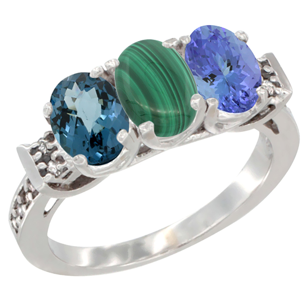 14K White Gold Natural London Blue Topaz, Malachite & Tanzanite Ring 3-Stone 7x5 mm Oval Diamond Accent, sizes 5 - 10