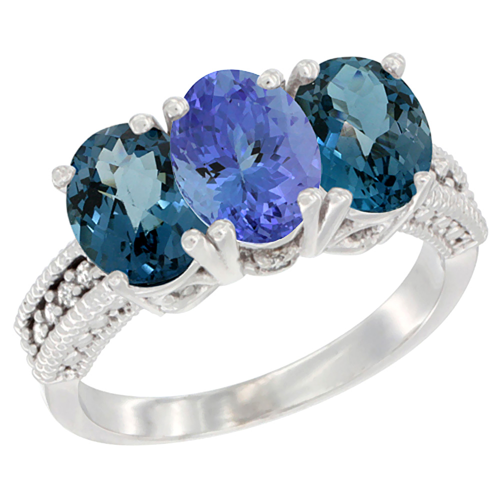 14K White Gold Natural Tanzanite & London Blue Topaz Sides Ring 3-Stone 7x5 mm Oval Diamond Accent, sizes 5 - 10