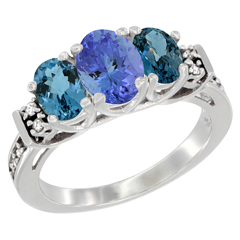 14K White Gold Natural Tanzanite & London Blue Ring 3-Stone Oval Diamond Accent, sizes 5-10