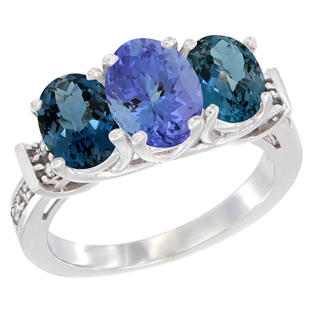 14K White Gold Natural Tanzanite &amp; London Blue Topaz Sides Ring 3-Stone Oval Diamond Accent, sizes 5 - 10