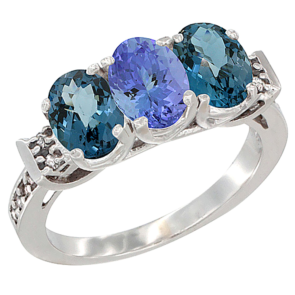 10K White Gold Natural Tanzanite & London Blue Topaz Sides Ring 3-Stone Oval 7x5 mm Diamond Accent, sizes 5 - 10