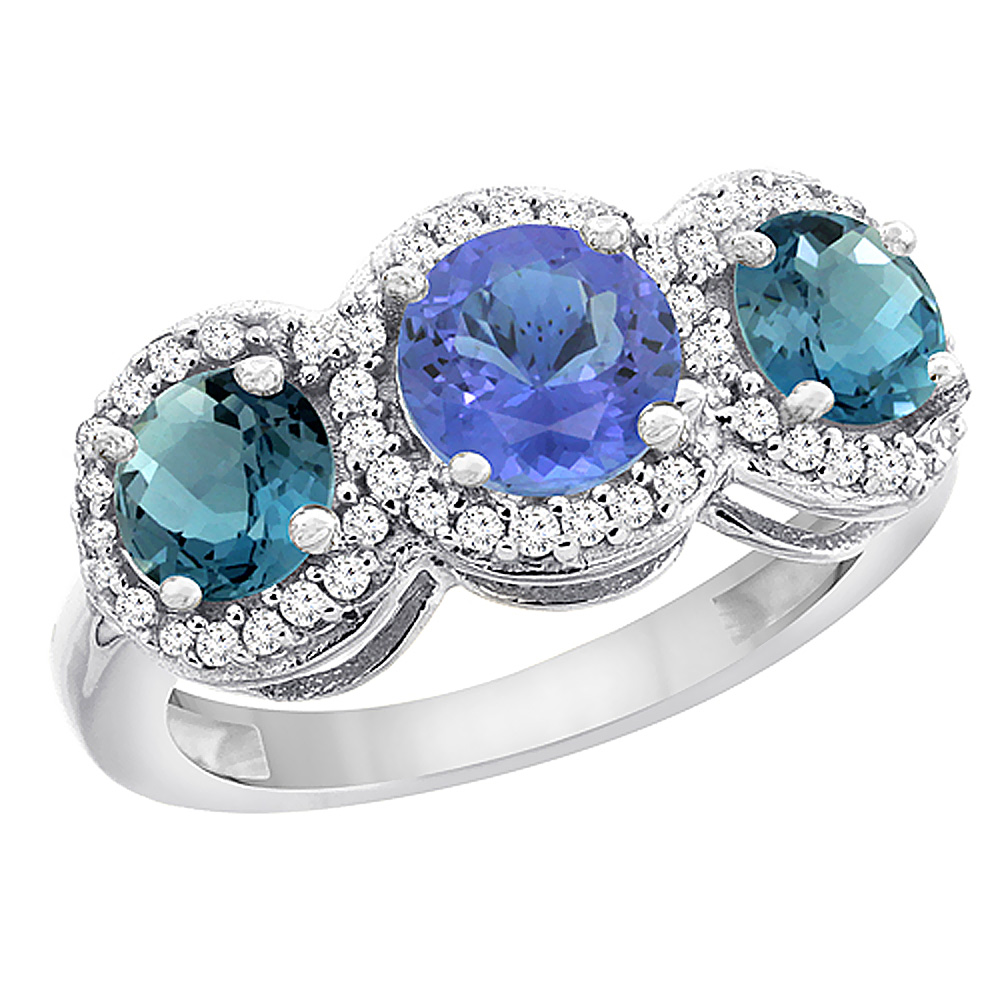 10K White Gold Natural Tanzanite &amp; London Blue Topaz Sides Round 3-stone Ring Diamond Accents, sizes 5 - 10