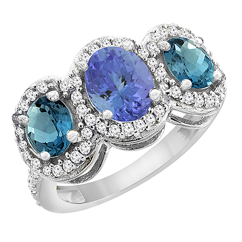 10K White Gold Natural Tanzanite &amp; London Blue Topaz 3-Stone Ring Oval Diamond Accent, sizes 5 - 10