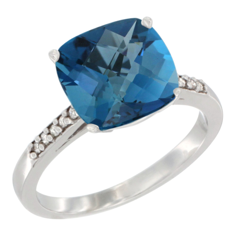 10K White Gold Natural London Blue Topaz Ring Cushion-cut 9 mm Diamond accent, sizes 5 - 10