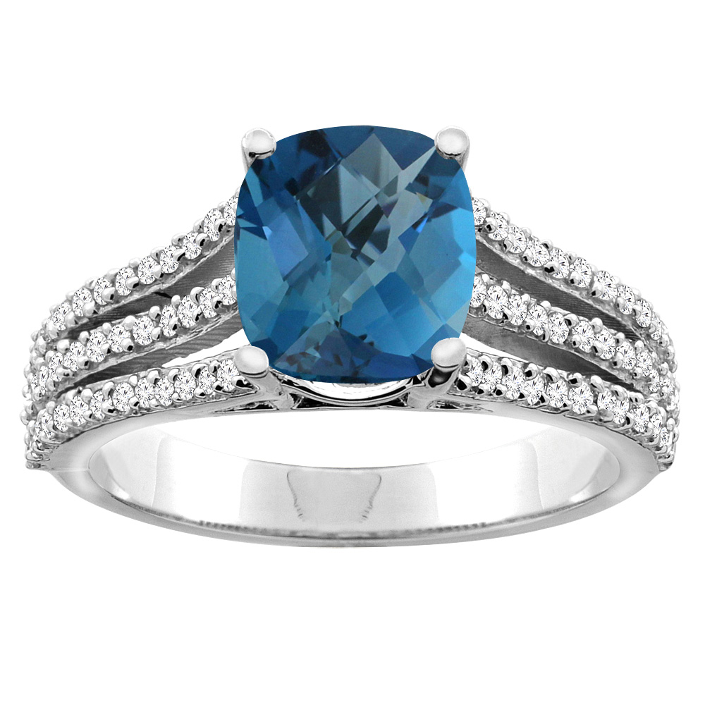 10K White/Yellow Gold Diamond Natural London Blue Topaz Tri-split Ring Cushion-cut 8x6mm, sizes 5 - 10